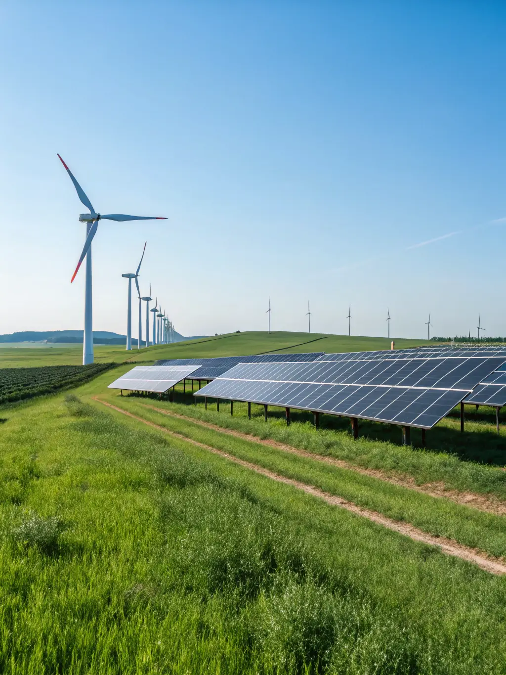 A visual representation of renewable energy sources powering MAIDA's data centers, such as solar panels and wind turbines.
