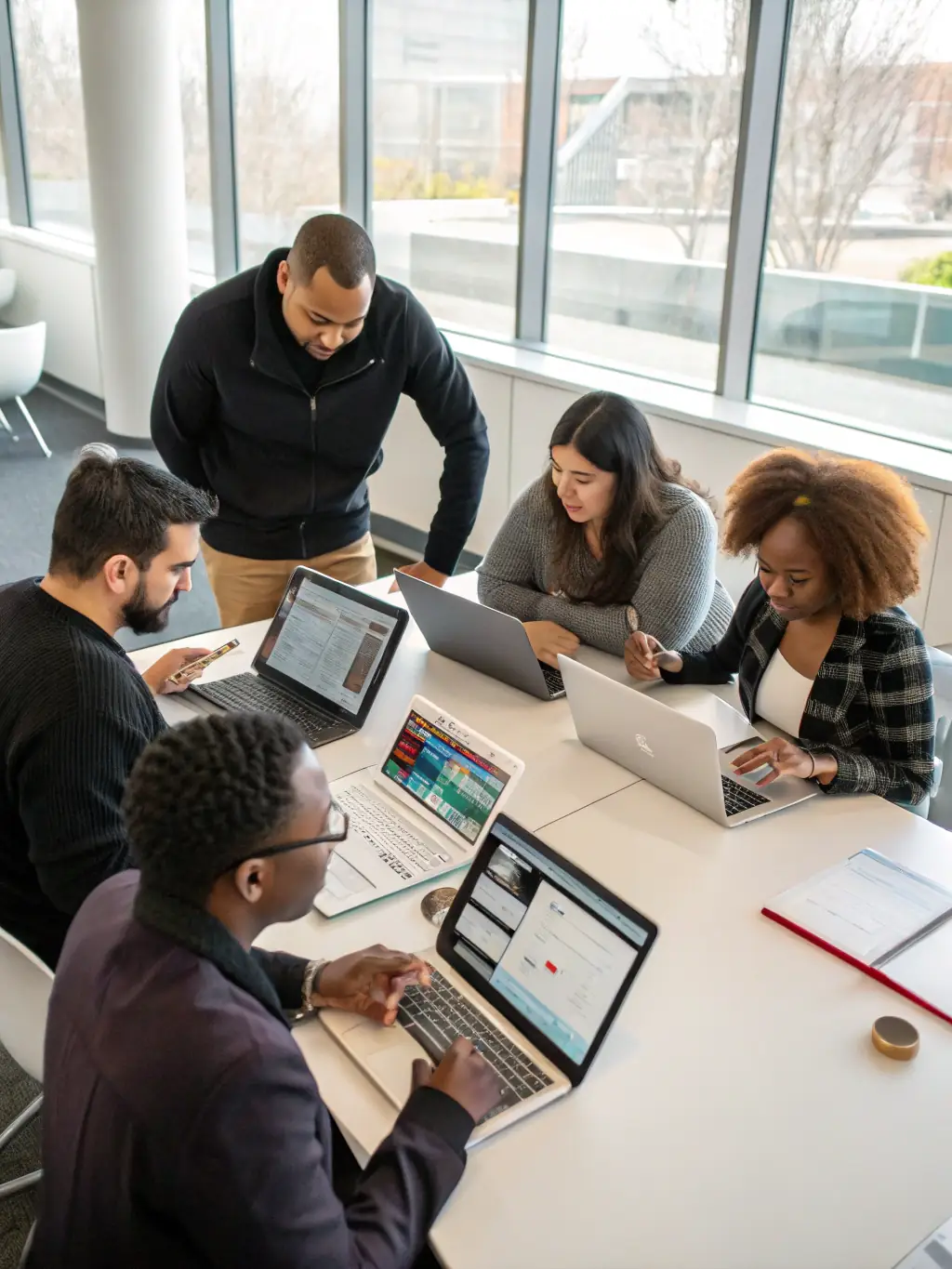 A diverse team of engineers and AI specialists collaborating in a modern, eco-friendly office space, reflecting MAIDA's innovative and ethical approach.