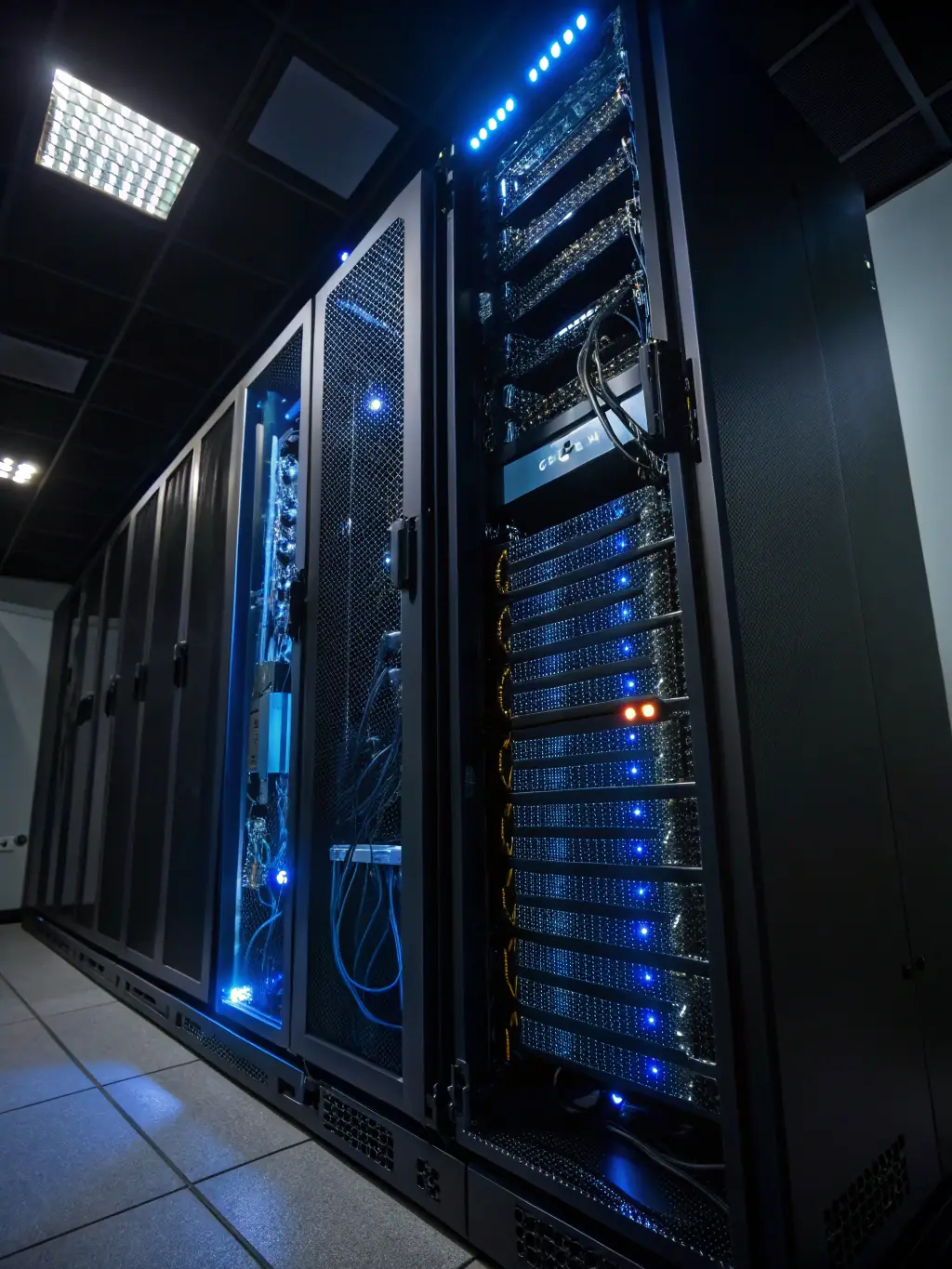 A close-up shot of a server rack inside a MAIDA data center, showcasing the high-density GPU configuration and advanced cooling system.