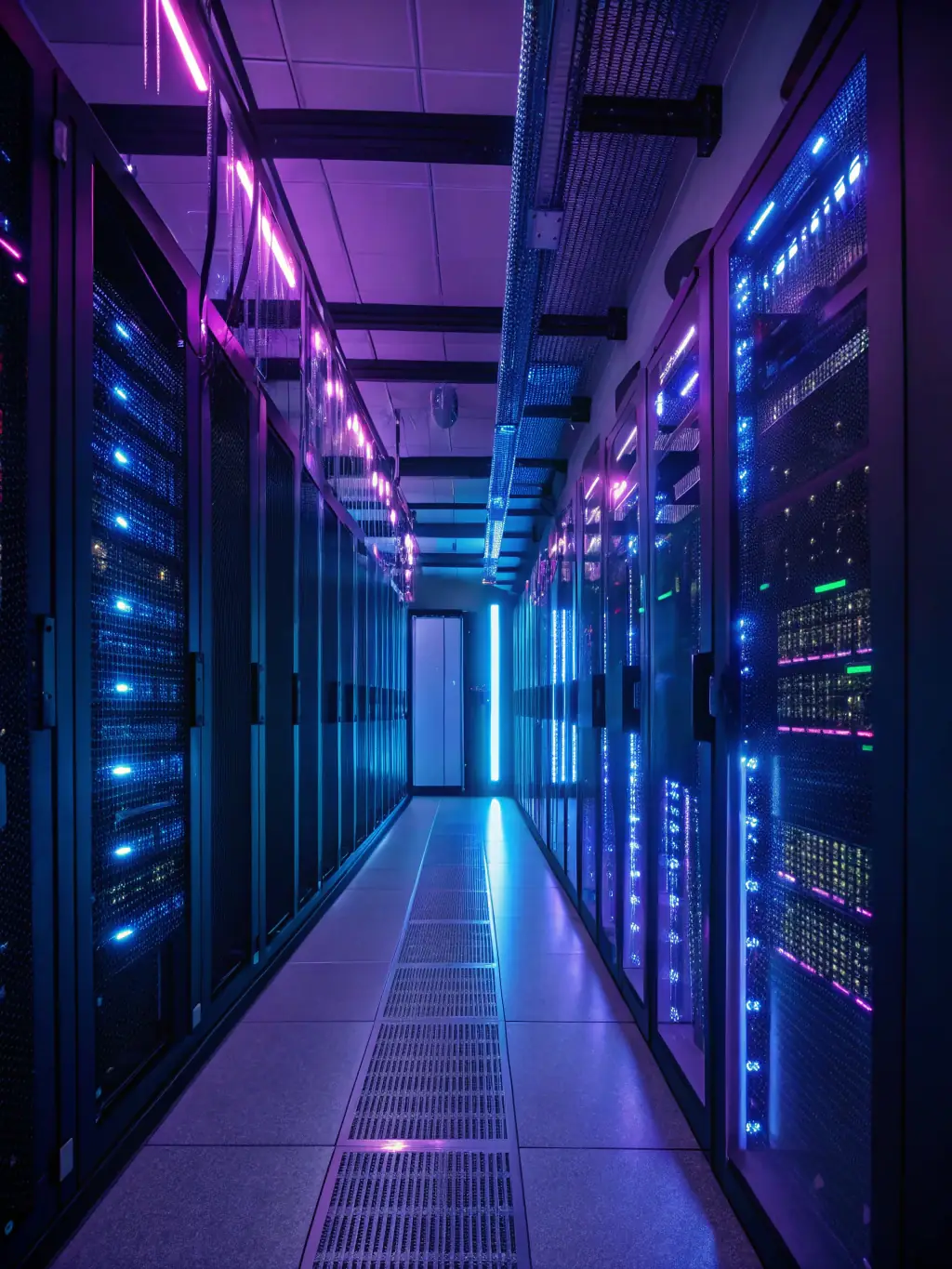 An image showcasing a data center with glowing GPU servers and AI data processing visuals, representing MAIDA's AI-Optimized GPU Cloud.
